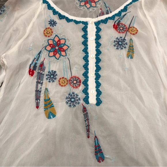 Johnny Was white sheer embroidered blouse button dream catcher dandelion feather - Picture 8 of 10